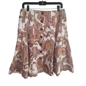 CAbi Paisley Boho Pleated Fit and Flare 100 % Cotton Midi Skirt Size 10